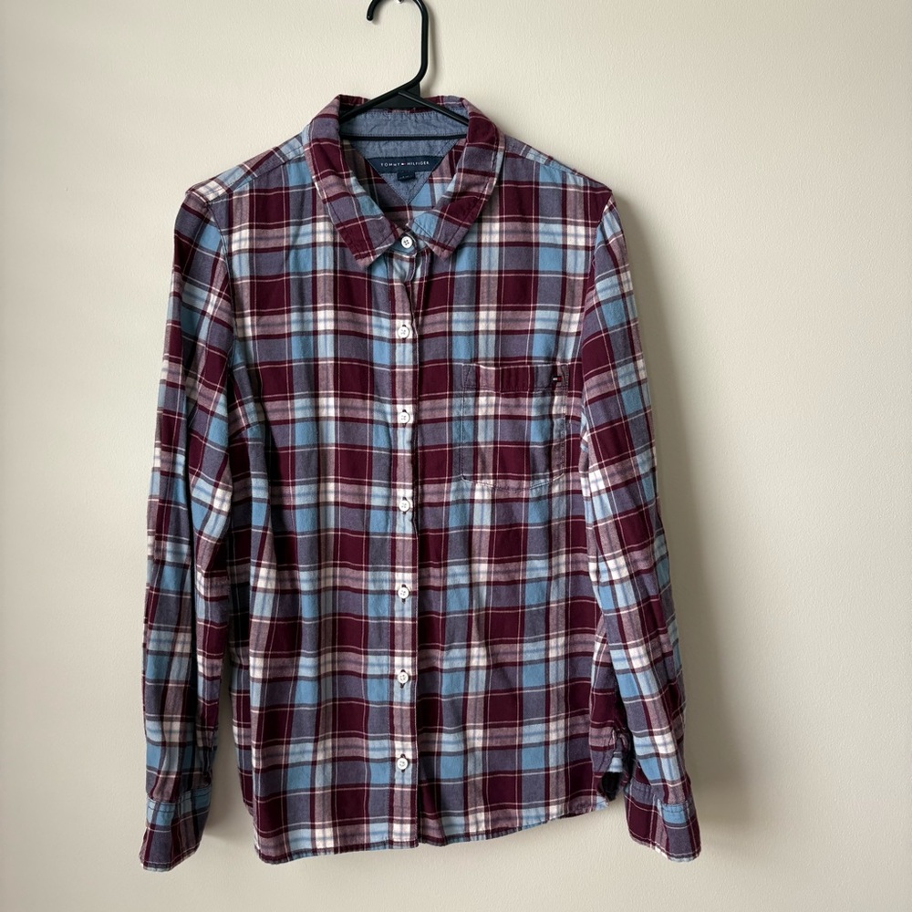 Tommy Hilfiger Women’s Button Down Plaid Shirt - Burgundy and Blue size large